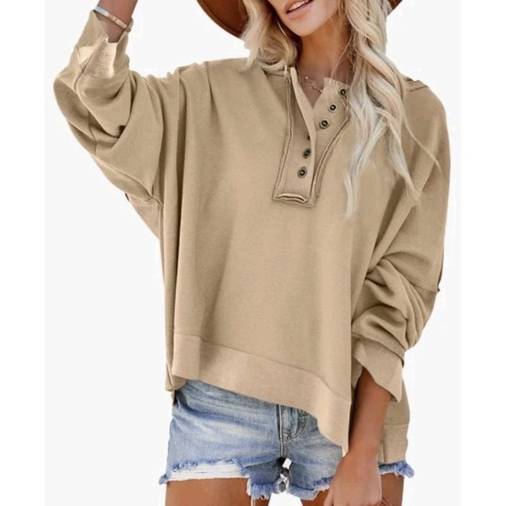 NWT Dokotoo Long Sleeve Hooded Sweatshirt Fall V Neck Button Down Size L Khaki